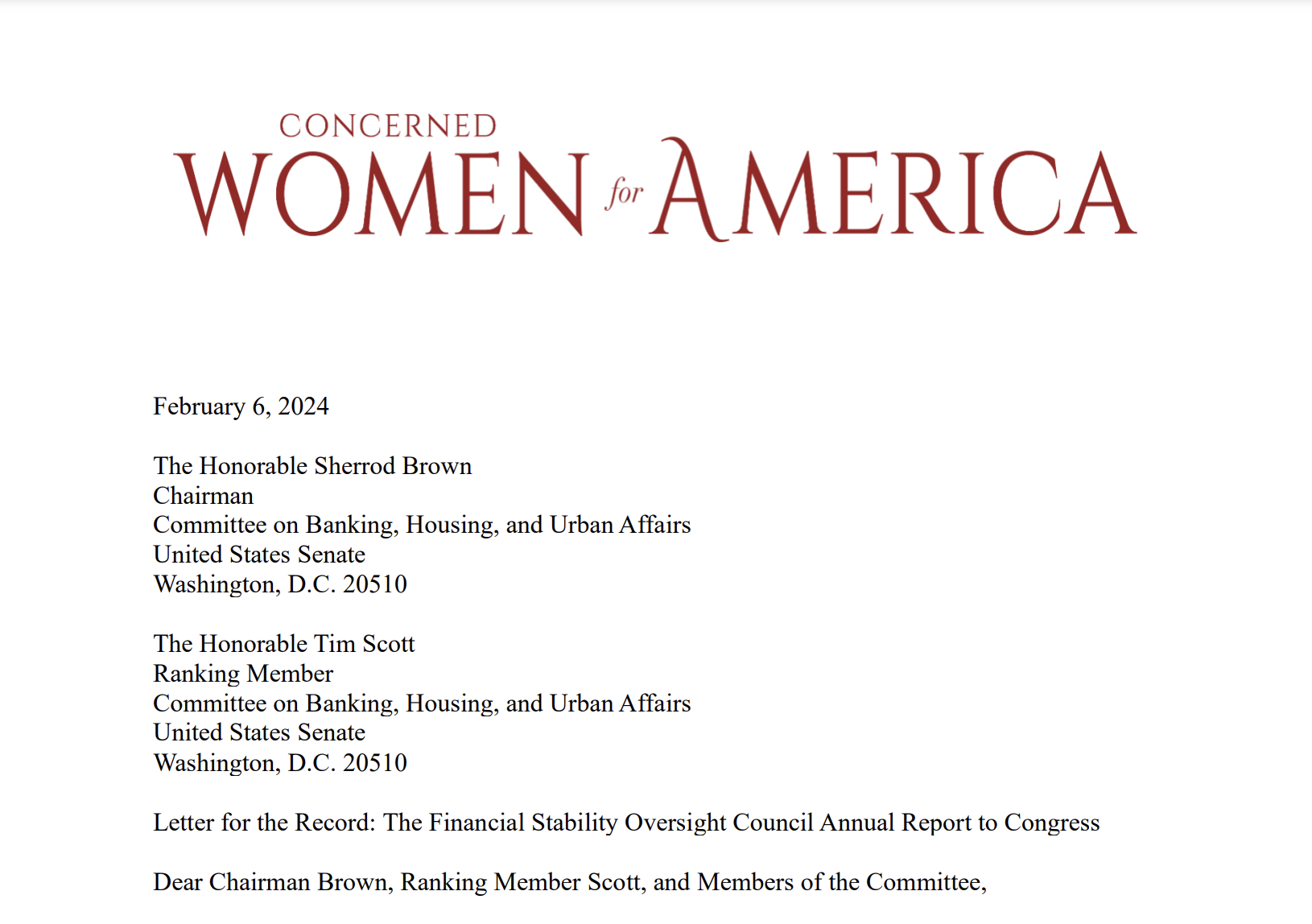 CWA Congressional Letter for the Record: “Women do not need abortion to have worth.”